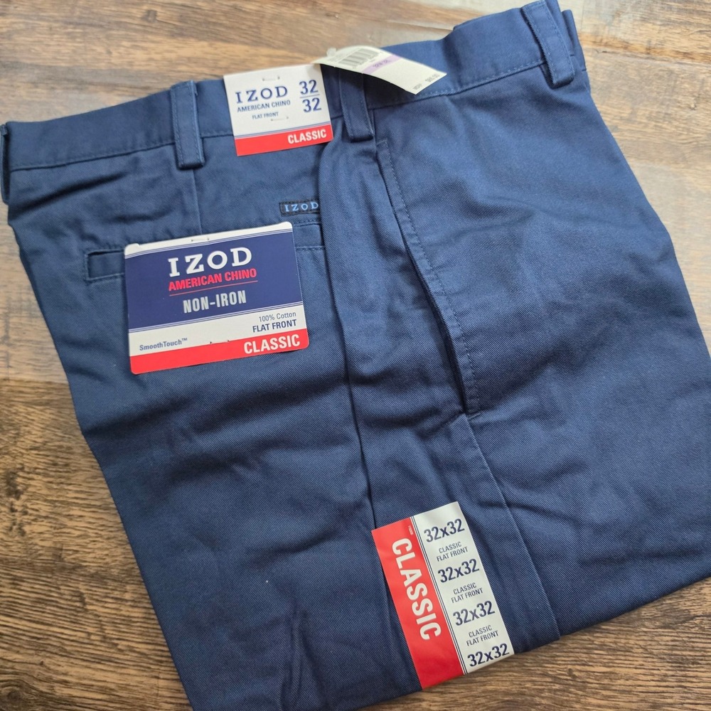 IZOD American Chino Pants Men 32x32 Navy Blue Non-Iron Flat Front Classic Fit - Picture 1 of 10